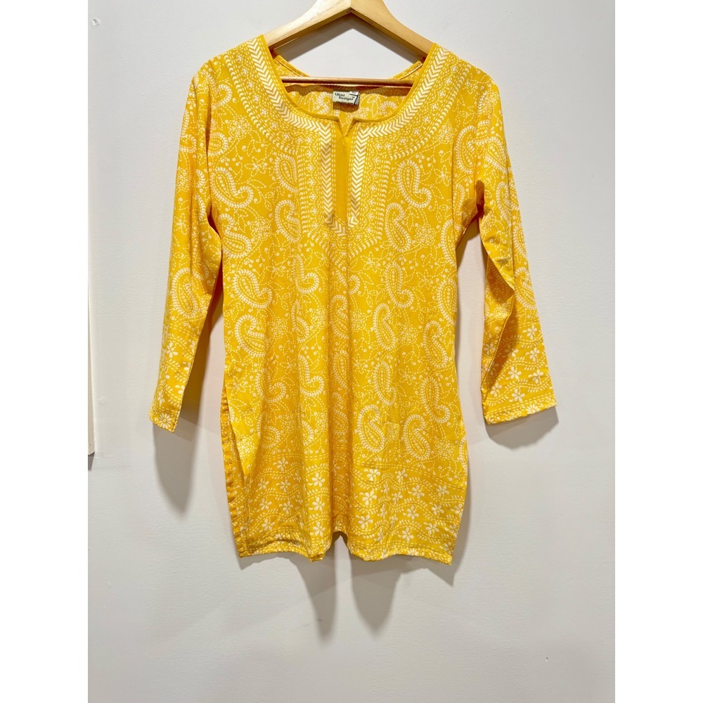 Libas Designs Yellow Paisley Floral Print Tunic Top Long Sleeve Side Slits 40